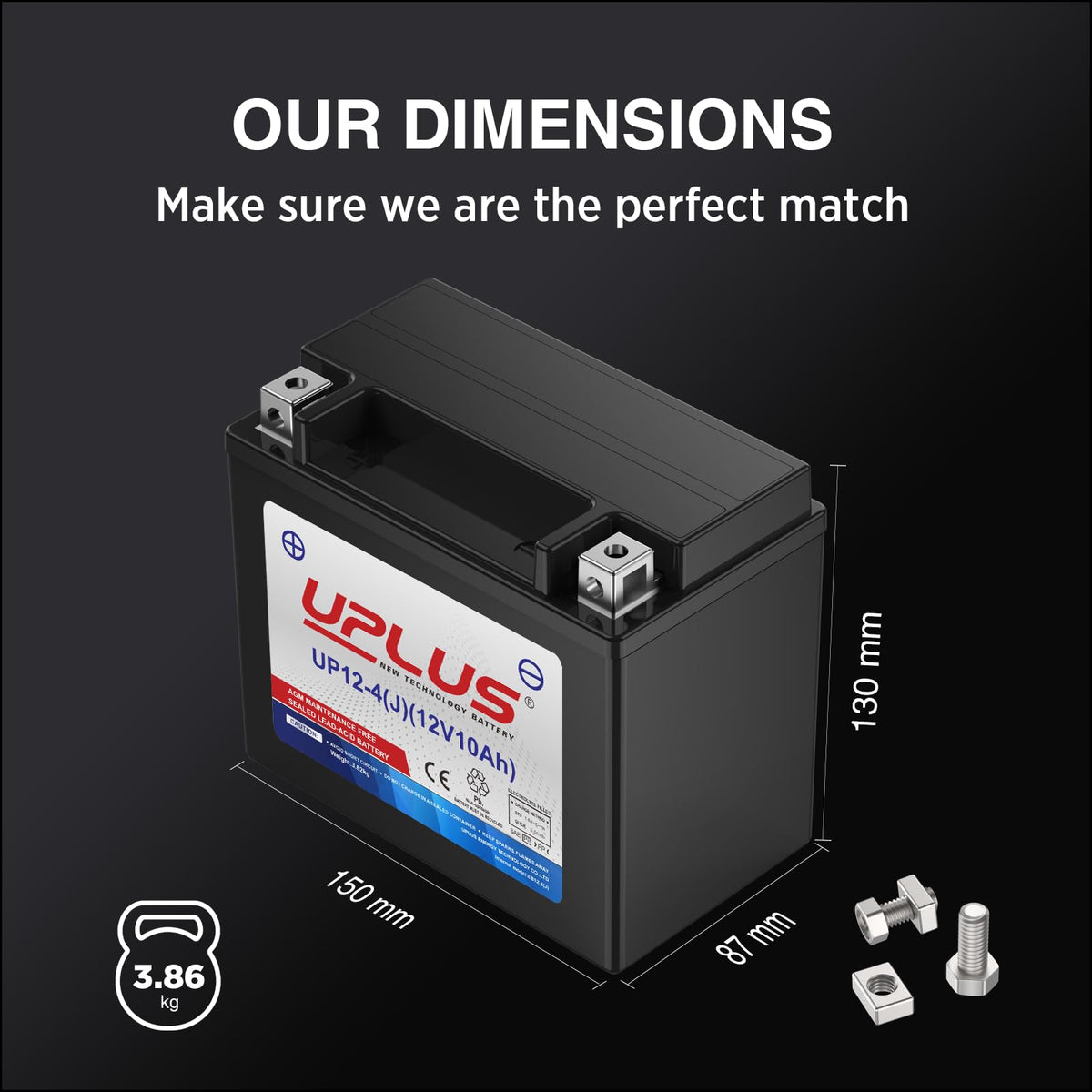 UPLUS Motorcycle Battery  RRP - £35.99 UP12-4, 12V 10Ah Powersports Batteries High Performance, Agm Maintenance Free | Confirm size before order 150L x 87W x 130H(mm)