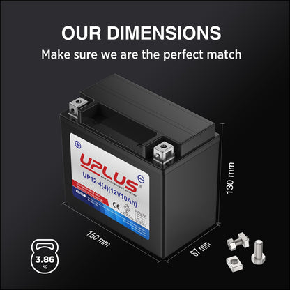 UPLUS Motorcycle Battery  RRP - £35.99 UP12-4, 12V 10Ah Powersports Batteries High Performance, Agm Maintenance Free | Confirm size before order 150L x 87W x 130H(mm)