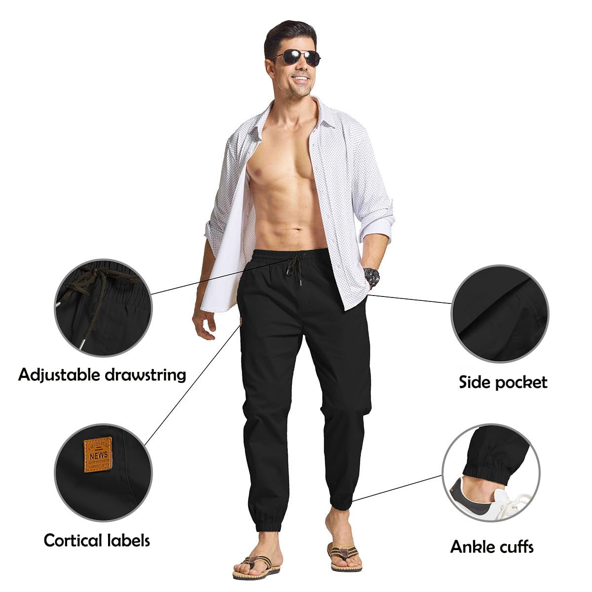 JustSun Mens Casual Chinos Trousers Joggers RRP - £26.99 Elasticated Waist Trousers for Men Cotton Pants Gym Sports Tracksuit Bottoms Drawstring Sweatpants with Pockets Black XXL