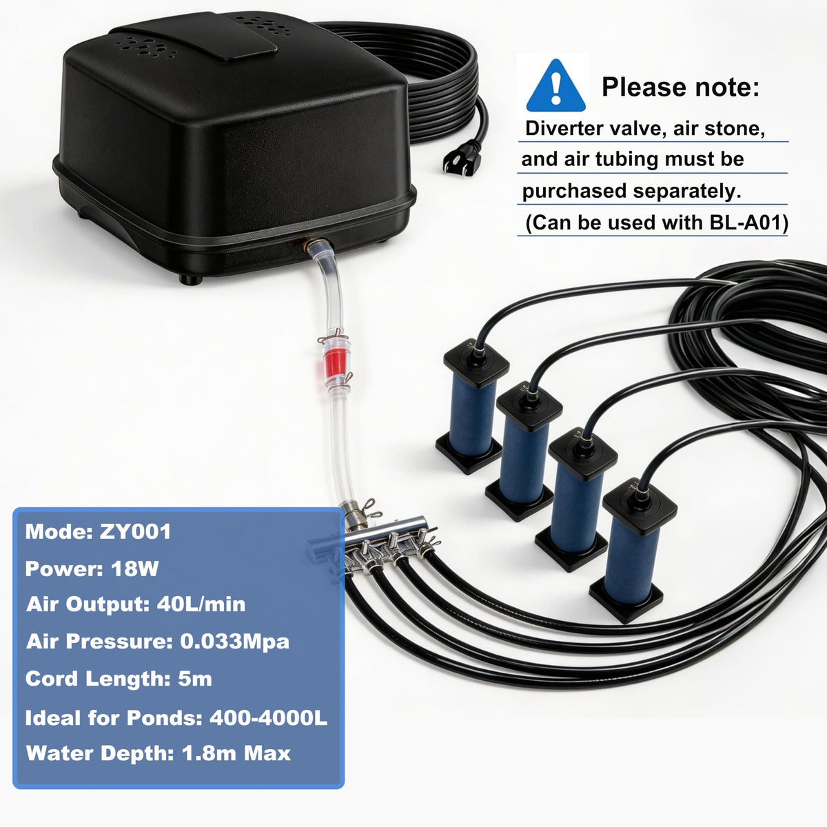 Pond Aerator Air Pump RRP - £89.99 2400L/H Quiet 40dB IP65 Waterproof with UK Plug & Return Valve – 220V