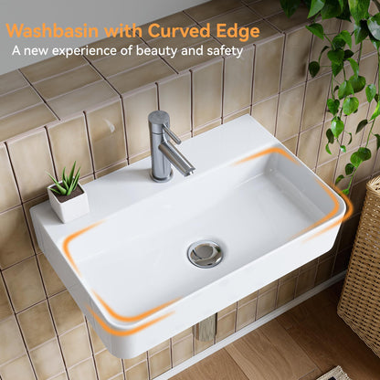 HOROW Wash Basin Sink White - RRP £99.99 - Bathroom Ceramic Sink Countertop or Wall Hung, Rectangular, Thin Edge, with Tap Hole, for Cloakroom Bathroom Small WC (46 * 31)