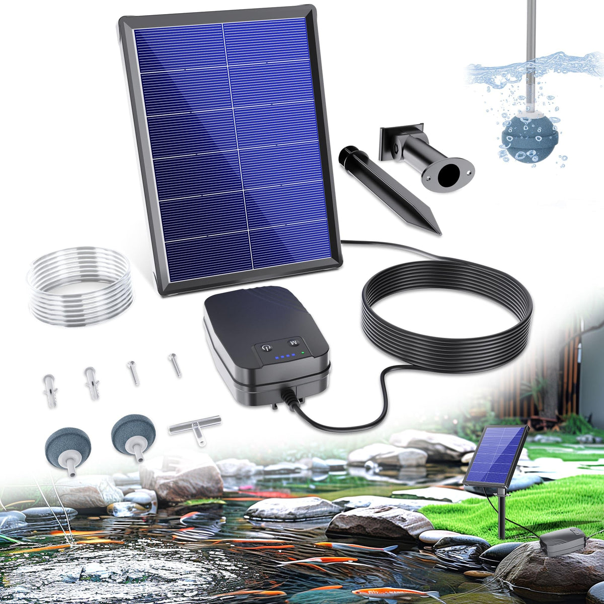 Biling 4W Solar Pond Aerator RRP - £39.99, Solar Pond Air Pump for Outdoor Fish Ponds with 2200mAh Battery, 3 Modes 2 Air Stone for Pond Oxygenator for Backyard Koi Hydroponic Aquaculture