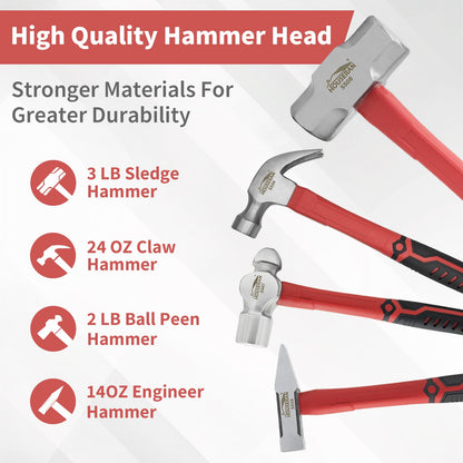 7-Piece Hammer Set with Claw and Ball Peen Hammers - Multi