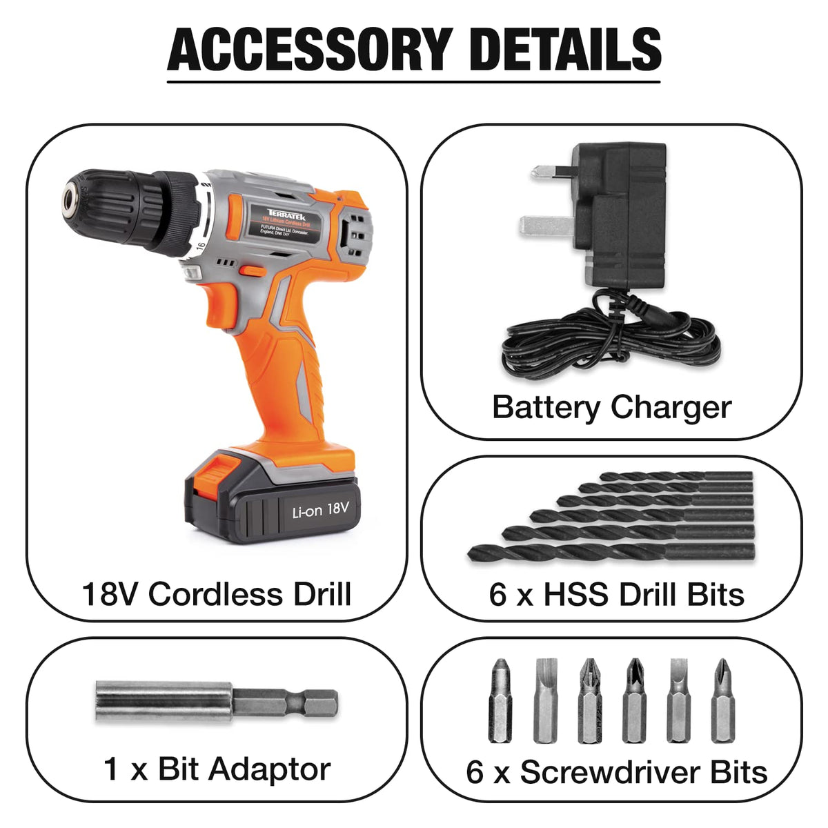 Terratek Cordless Drill RRP - £26.99 Driver 18V Lithium-Ion, 13Pc Electric Screwdriver Set, LED Work Light, Electric Drill Quick Change Power Drill Battery and Charger Included