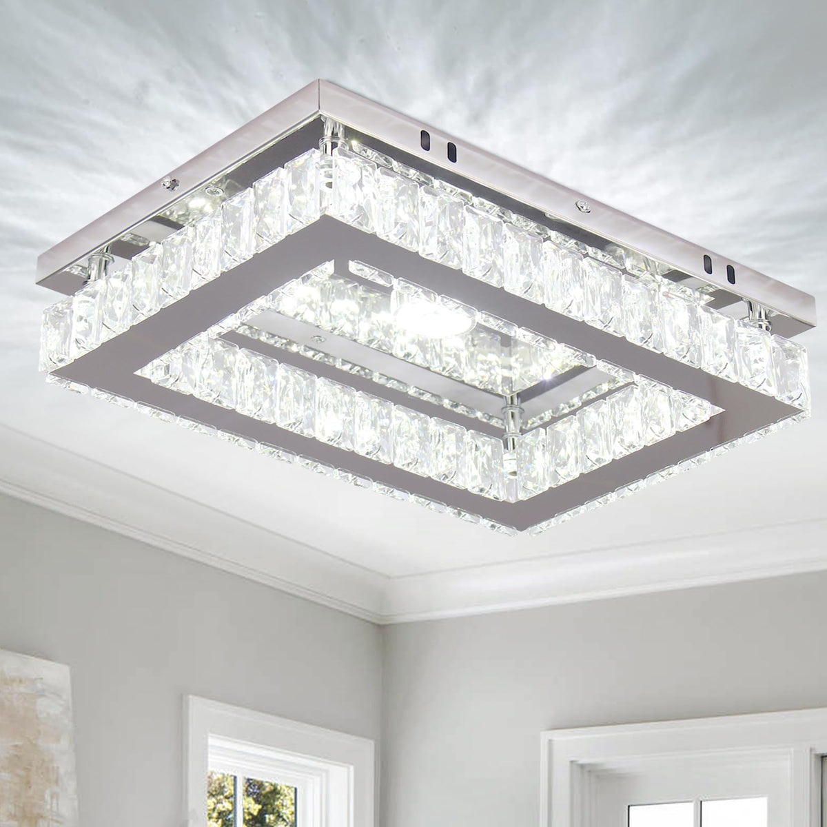 LED Crystal Rectangular Ceiling Chandelier RRP - £35.99 Flush Mount K9 Stainless – Cool White