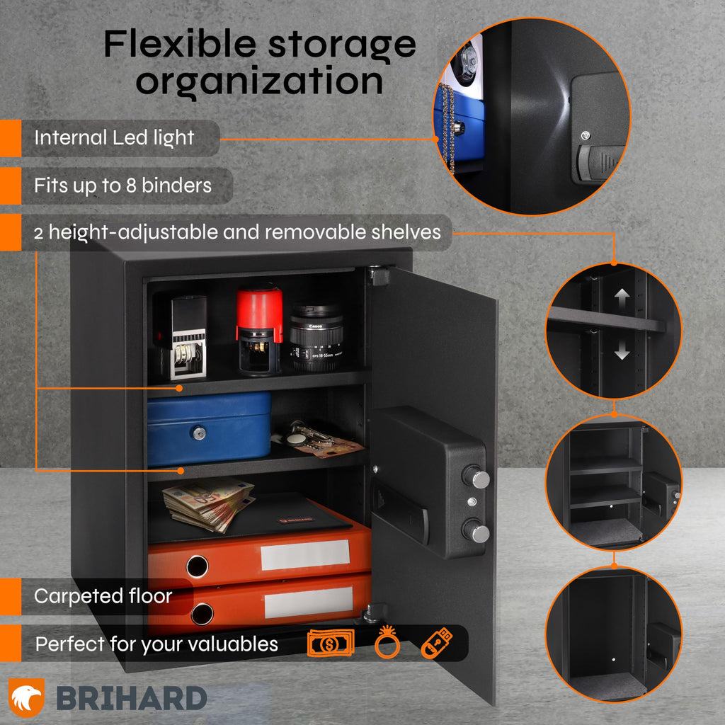 Brihard Business XL Safe RRP - £225 60L Fingerprint Sensor Fireproof 2 Shelves A4 Document – Black