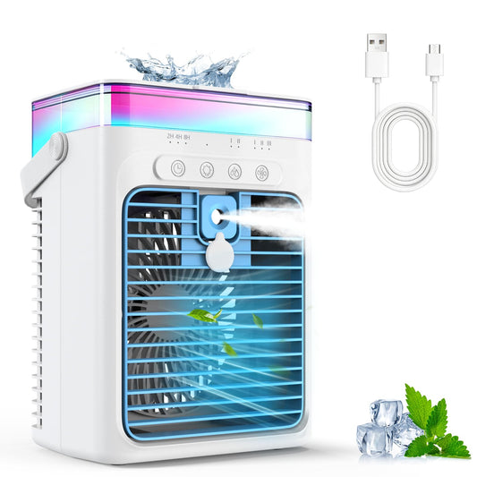 Portable 3-in-1 Evaporative Air Cooler RRP - £39.99 USB 1000ml Timer RGB – White