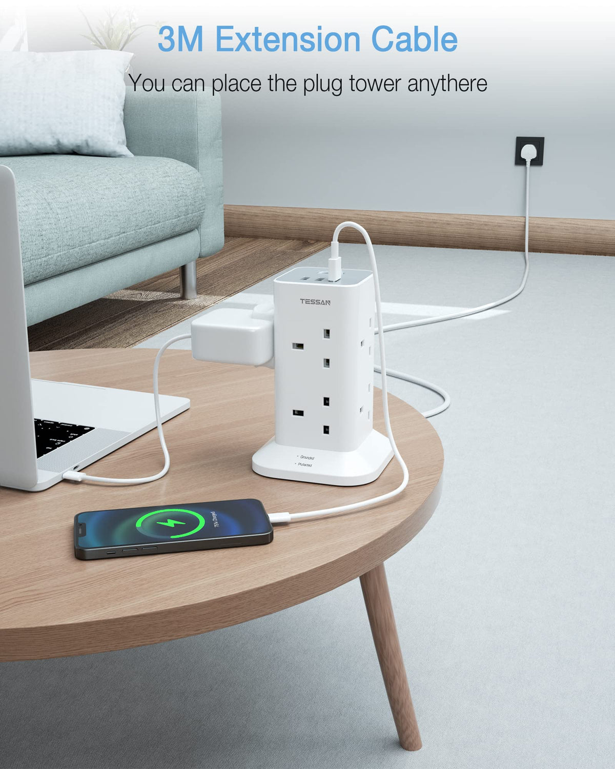 Tower Extension Lead  RRP - £26.99 3M with 3 USB Slots, TESSAN Extension Cable 8 Way Multi Socket Plug with Switch, Surge Protected Power Strip for Home, Office, Kitchen Supplies