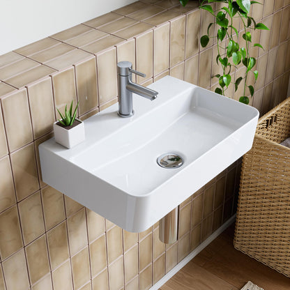 HOROW Wash Basin Sink White - RRP £99.99 - Bathroom Ceramic Sink Countertop or Wall Hung, Rectangular, Thin Edge, with Tap Hole, for Cloakroom Bathroom Small WC (46 * 31)